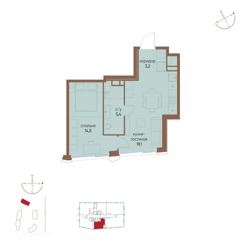 1-комнатная квартира 42.2 м² Остров