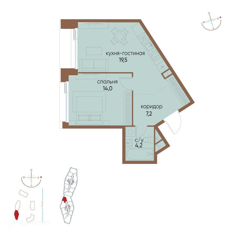 1-комнатная квартира 44.9 м² Остров