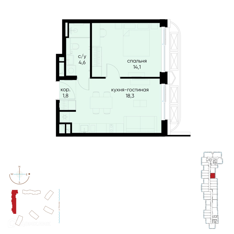 1-комнатная квартира 38.8 м² Остров