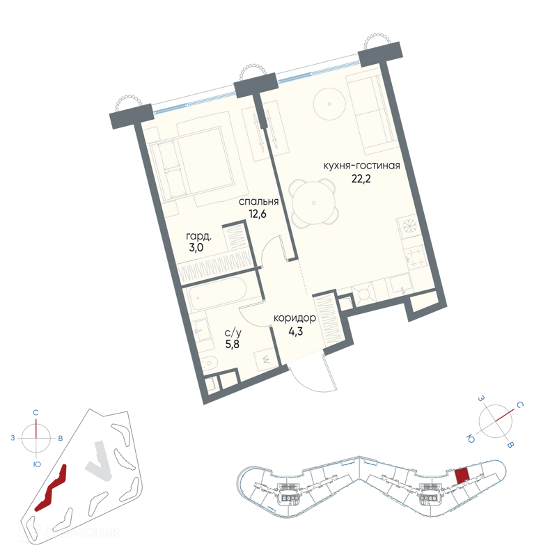 1-комнатная квартира 47.9 м² Остров