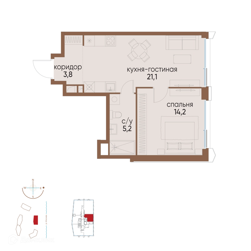 1-комнатная квартира 44.3 м² Остров
