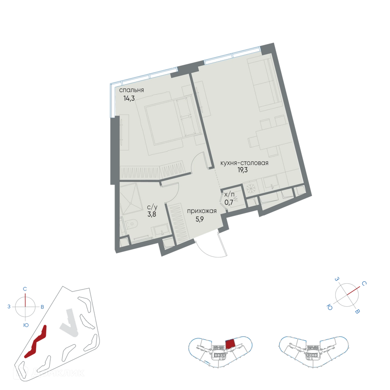 1-комнатная квартира 44 м² Остров