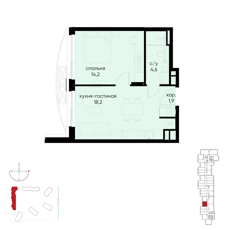 1-комнатная квартира 38.9 м² Остров