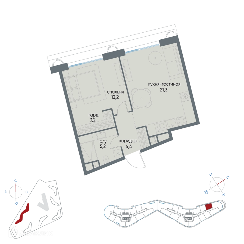 1-комнатная квартира 47.3 м² Остров