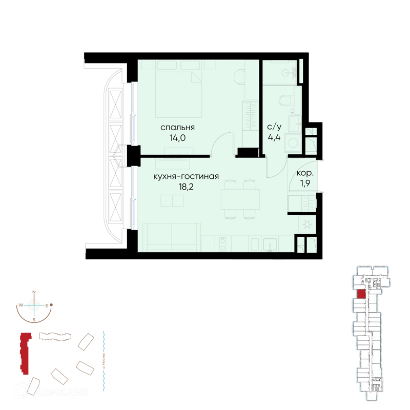 1-комнатная квартира 38.5 м² Остров