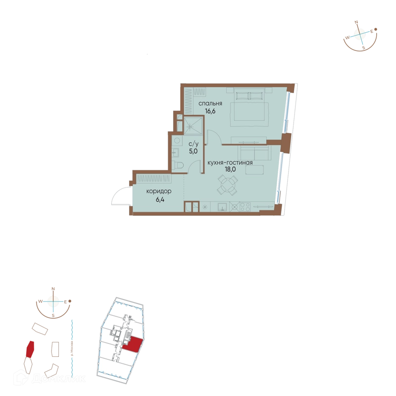 1-комнатная квартира 46 м² Остров
