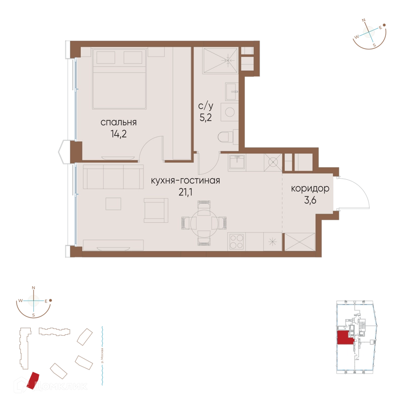 1-комнатная квартира 44.1 м² Остров