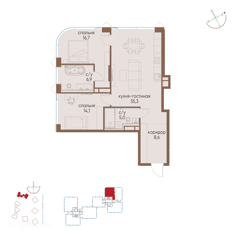2-комнатная квартира 86.6 м² Остров