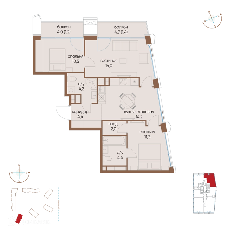 2-комнатная квартира 69.6 м² Остров