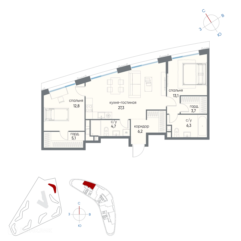 2-комнатная квартира 79.2 м² Остров