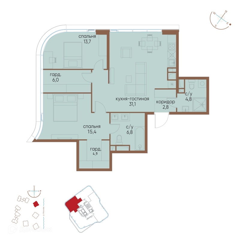 2-комнатная квартира 85.5 м² Остров