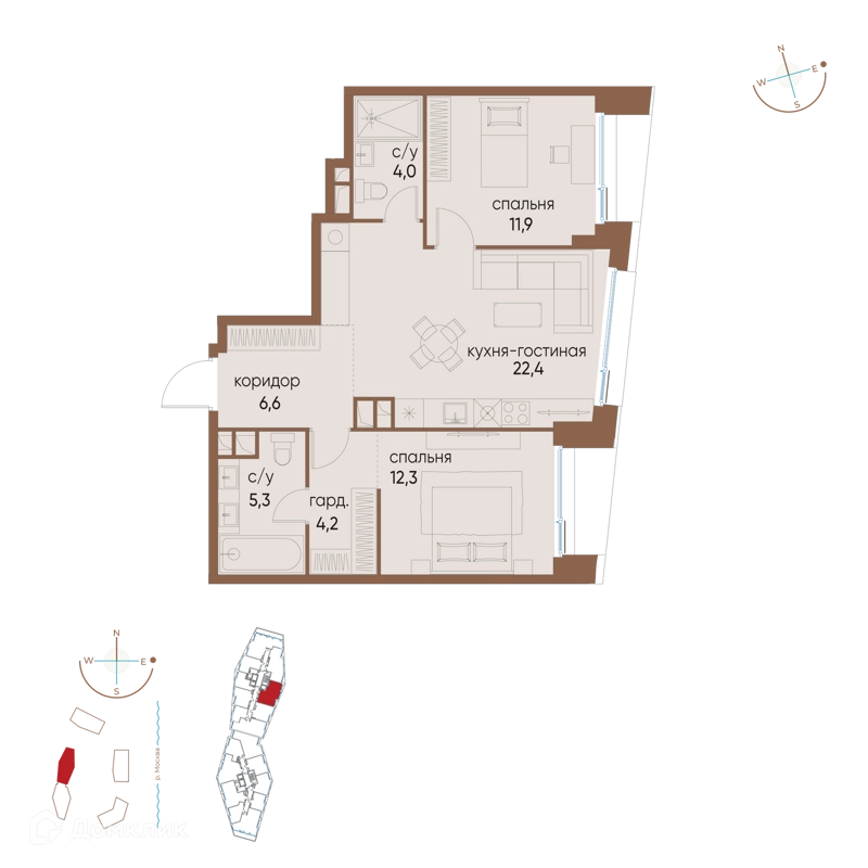 2-комнатная квартира 66.7 м² Остров
