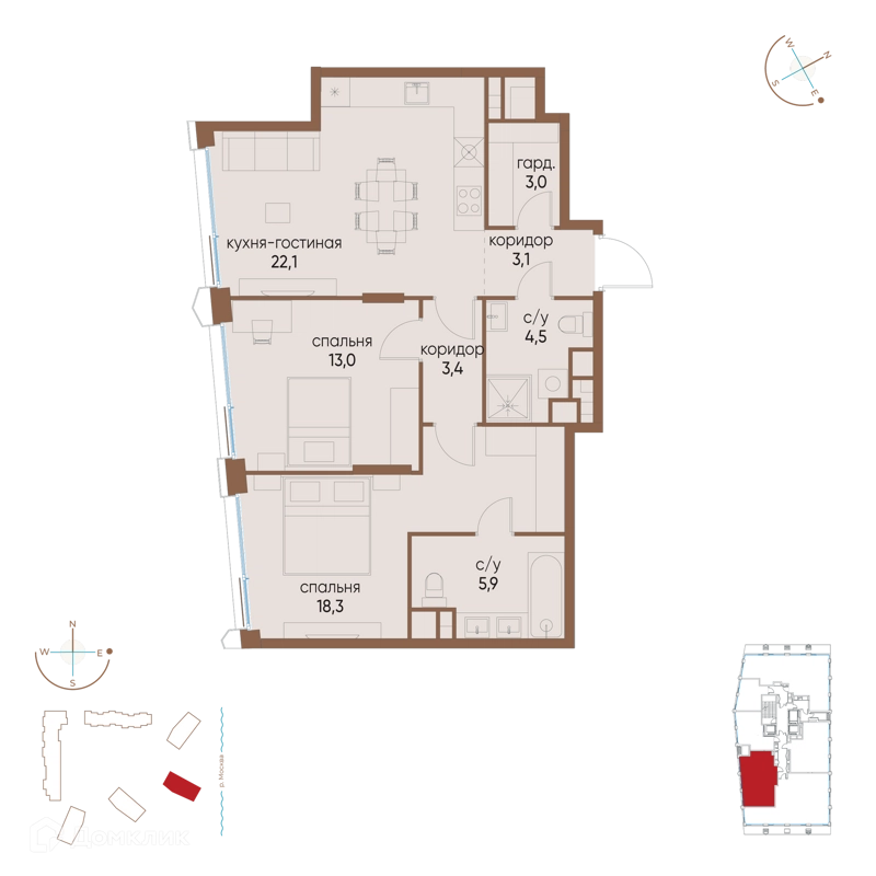 2-комнатная квартира 73 м² Остров