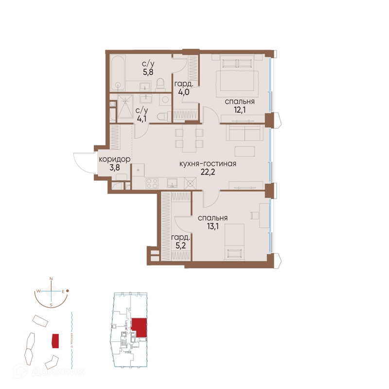 2-комнатная квартира 70.3 м² Остров