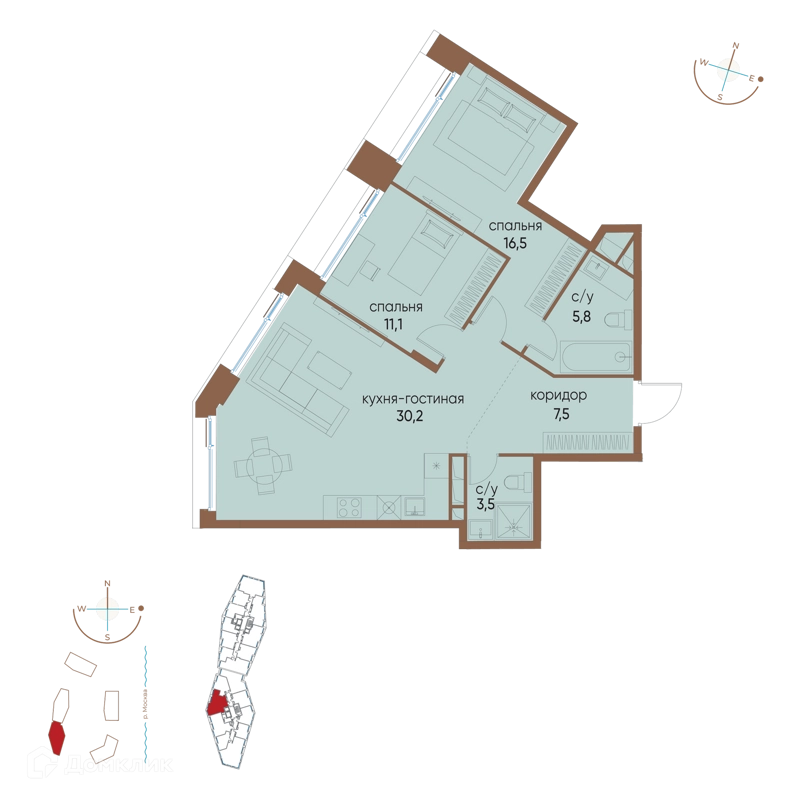 2-комнатная квартира 74.6 м² Остров