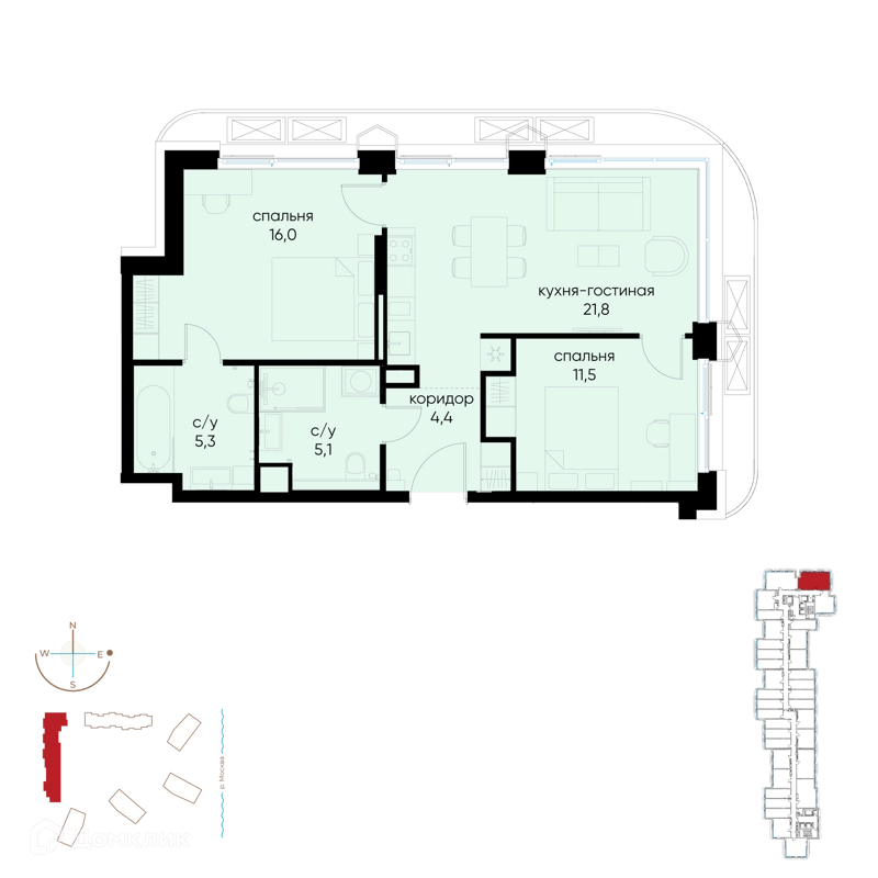 2-комнатная квартира 64.1 м² Остров