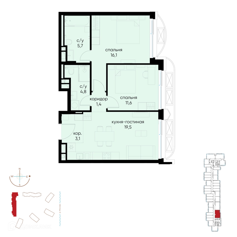 2-комнатная квартира 62.2 м² Остров