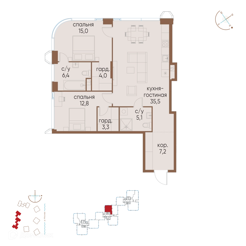 2-комнатная квартира 89.3 м² Остров