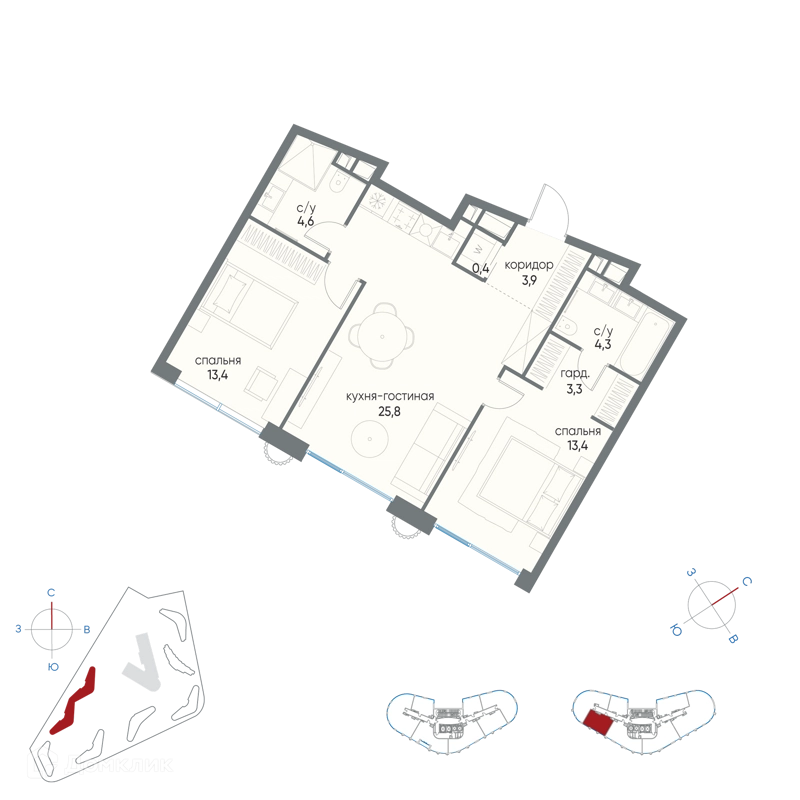 2-комнатная квартира 69.1 м² Остров