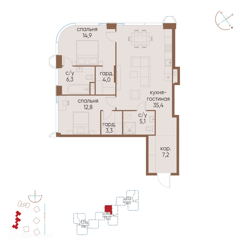 2-комнатная квартира 89 м² Остров