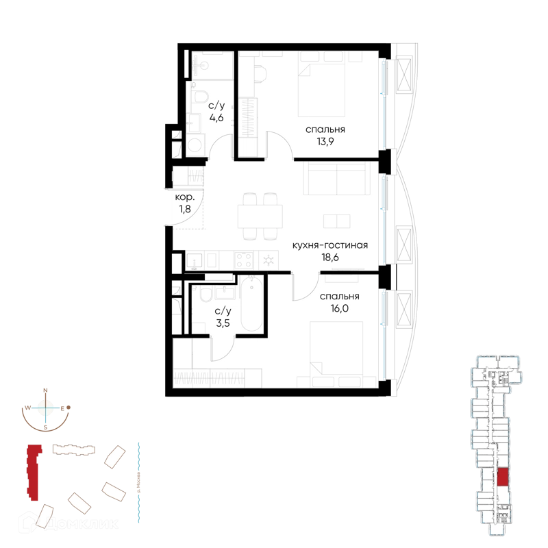 2-комнатная квартира 58.4 м² Остров
