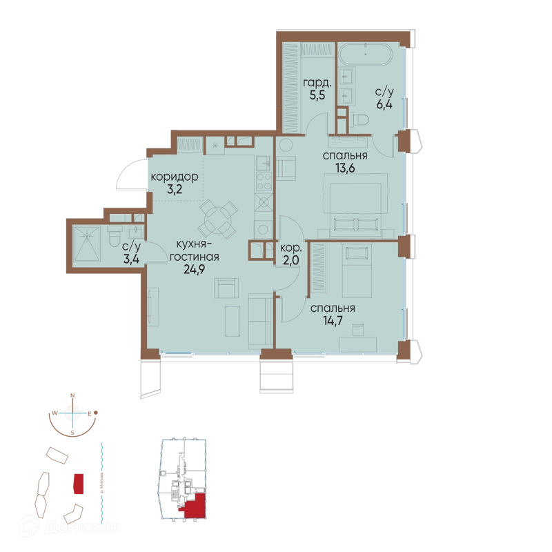 2-комнатная квартира 73.7 м² Остров
