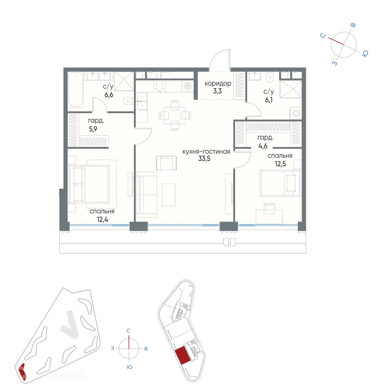 2-комнатная квартира 84.9 м² Остров