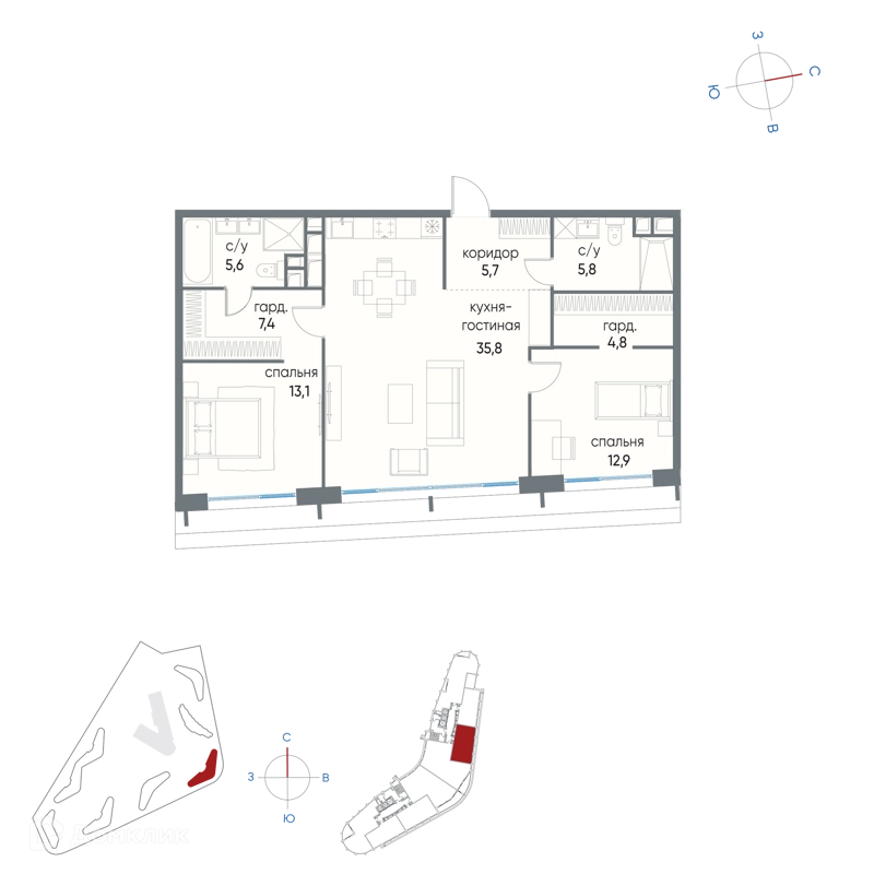 2-комнатная квартира 91.1 м² Остров
