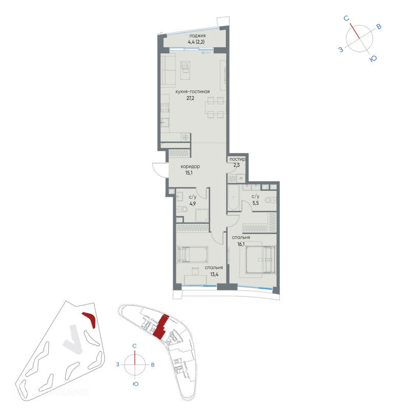 2-комнатная квартира 86.7 м² Остров