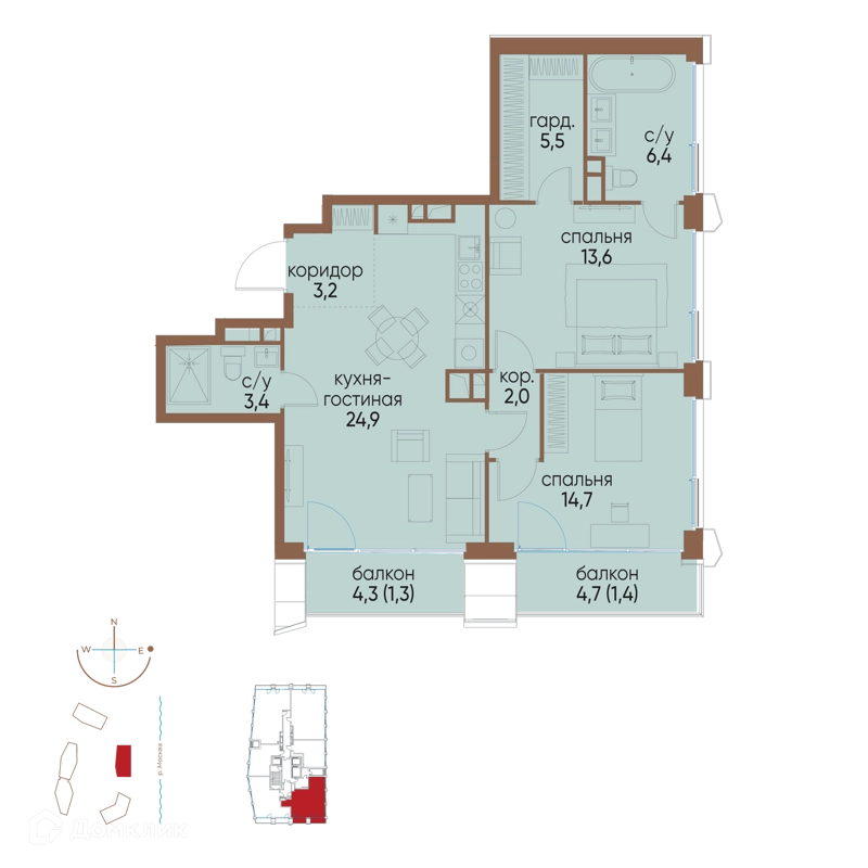 2-комнатная квартира 76.4 м² Остров