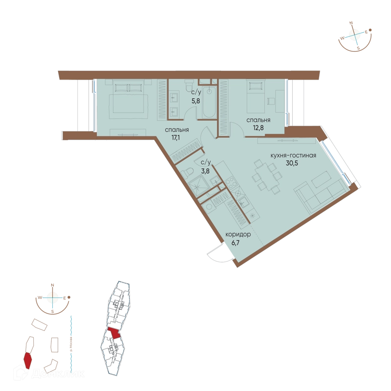 2-комнатная квартира 76.7 м² Остров