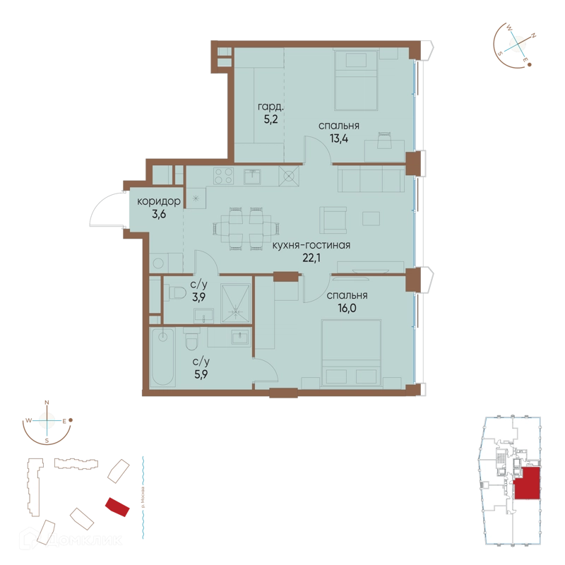 2-комнатная квартира 70.1 м² Остров
