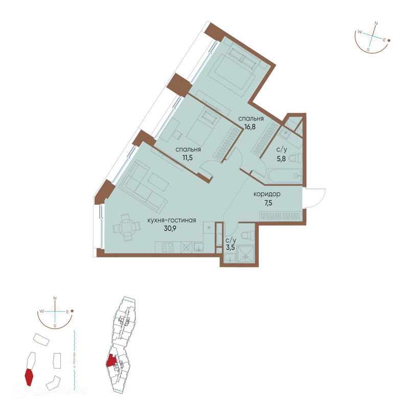 2-комнатная квартира 76 м² Остров