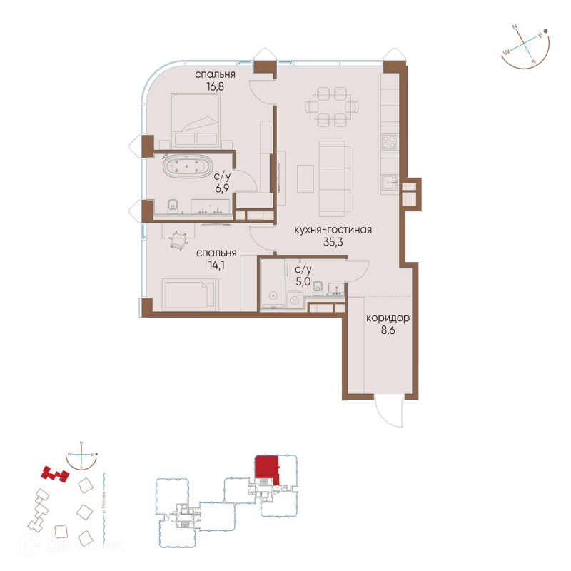 2-комнатная квартира 86.7 м² Остров
