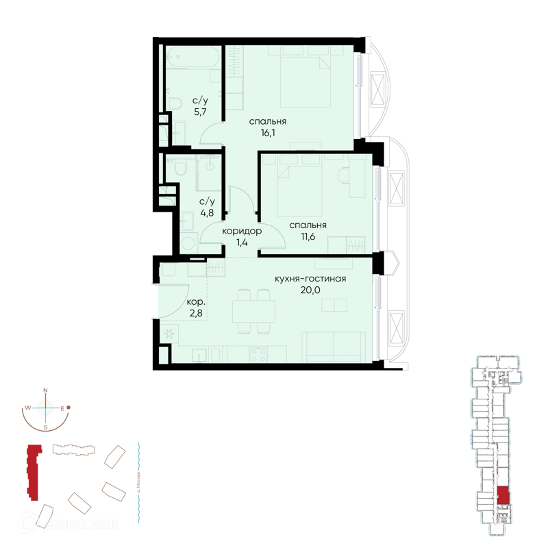 2-комнатная квартира 62.4 м² Остров