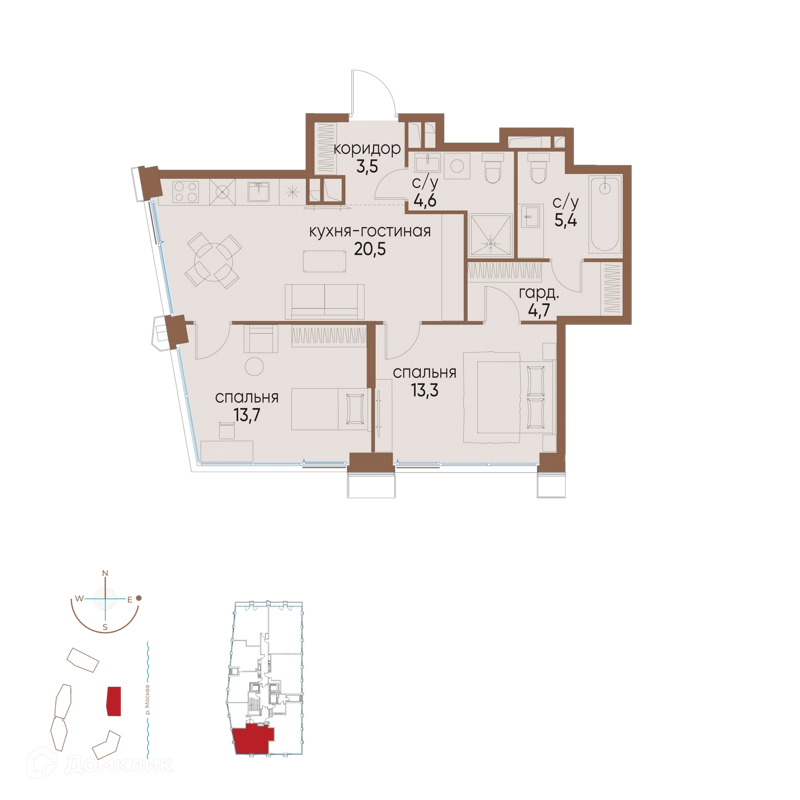 2-комнатная квартира 65.7 м² Остров