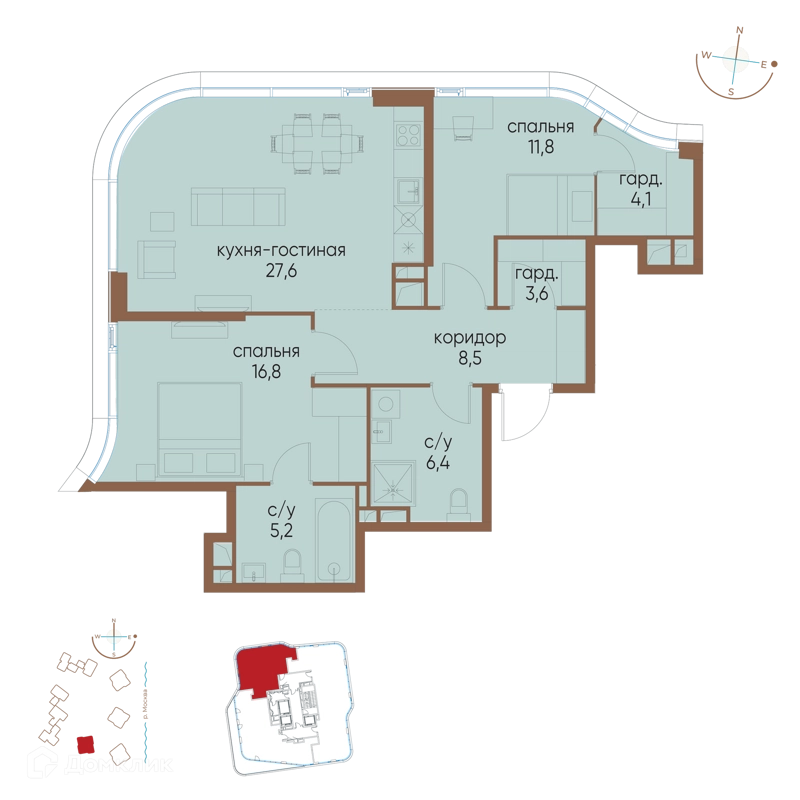 2-комнатная квартира 84 м² Остров