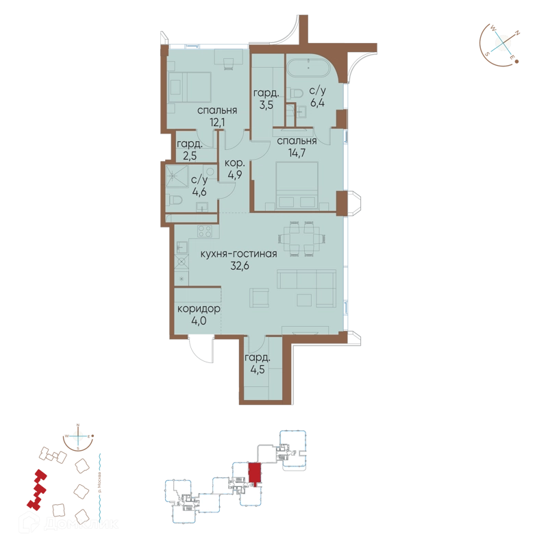 2-комнатная квартира 89.8 м² Остров