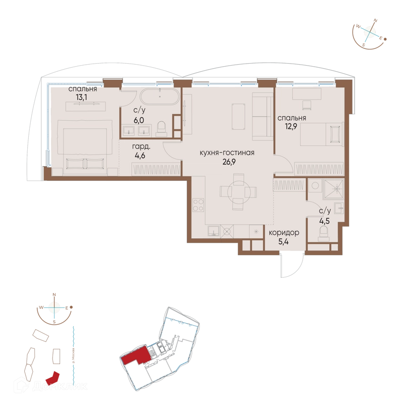 2-комнатная квартира 73.4 м² Остров