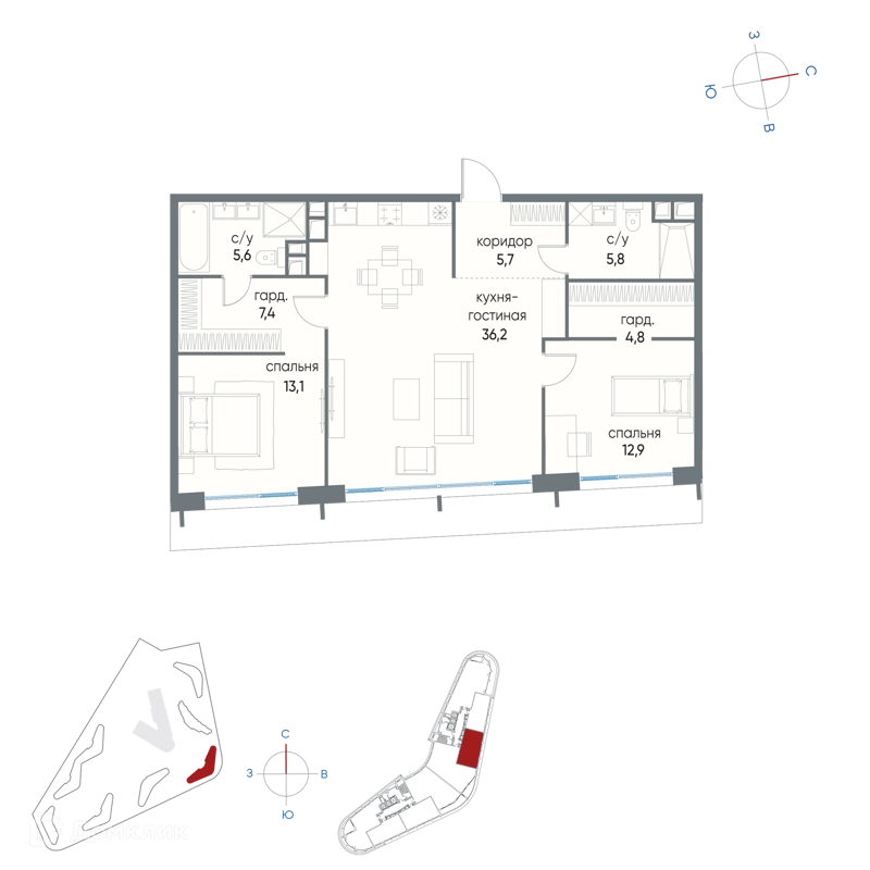 2-комнатная квартира 91.5 м² Остров