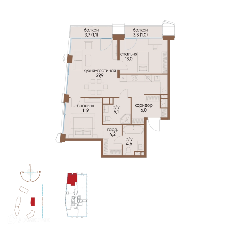 2-комнатная квартира 76.8 м² Остров