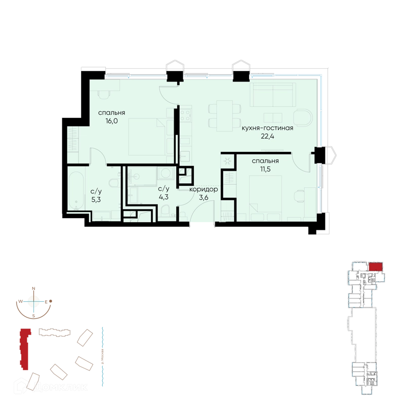 2-комнатная квартира 63.1 м² Остров