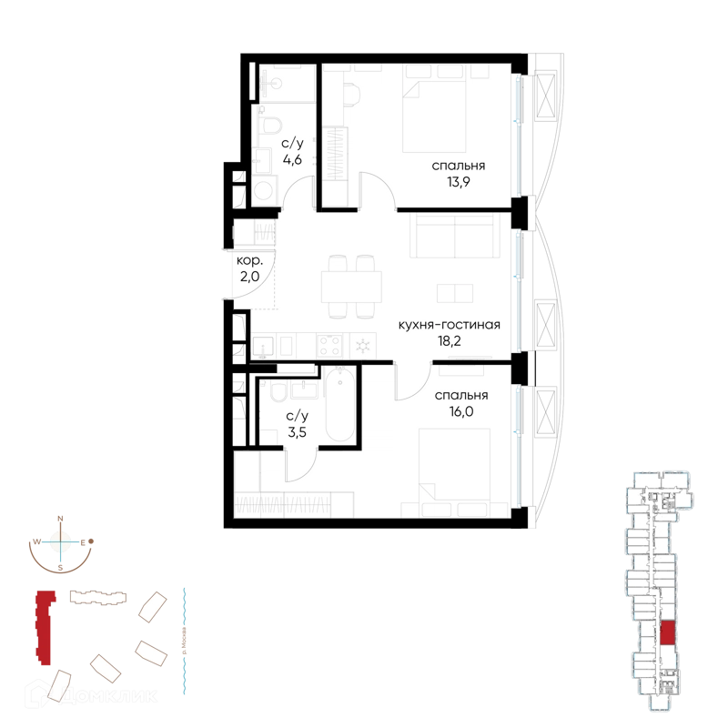 2-комнатная квартира 58.2 м² Остров