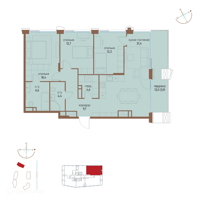 3-комнатная квартира 104 м² Остров