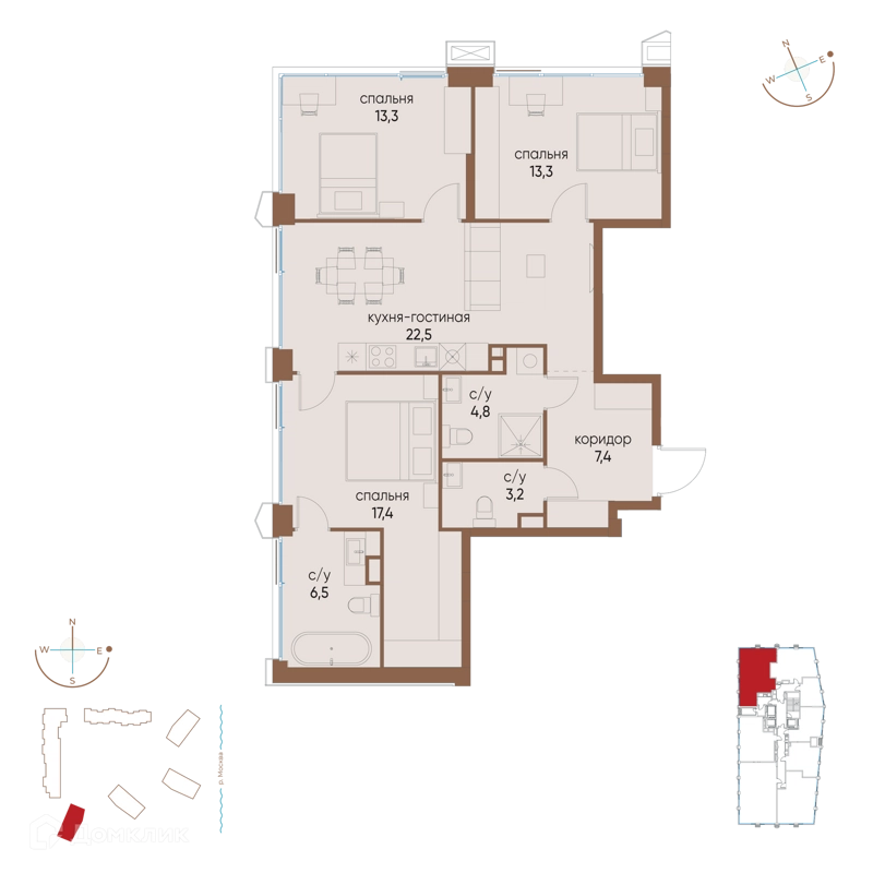 3-комнатная квартира 88.4 м² Остров