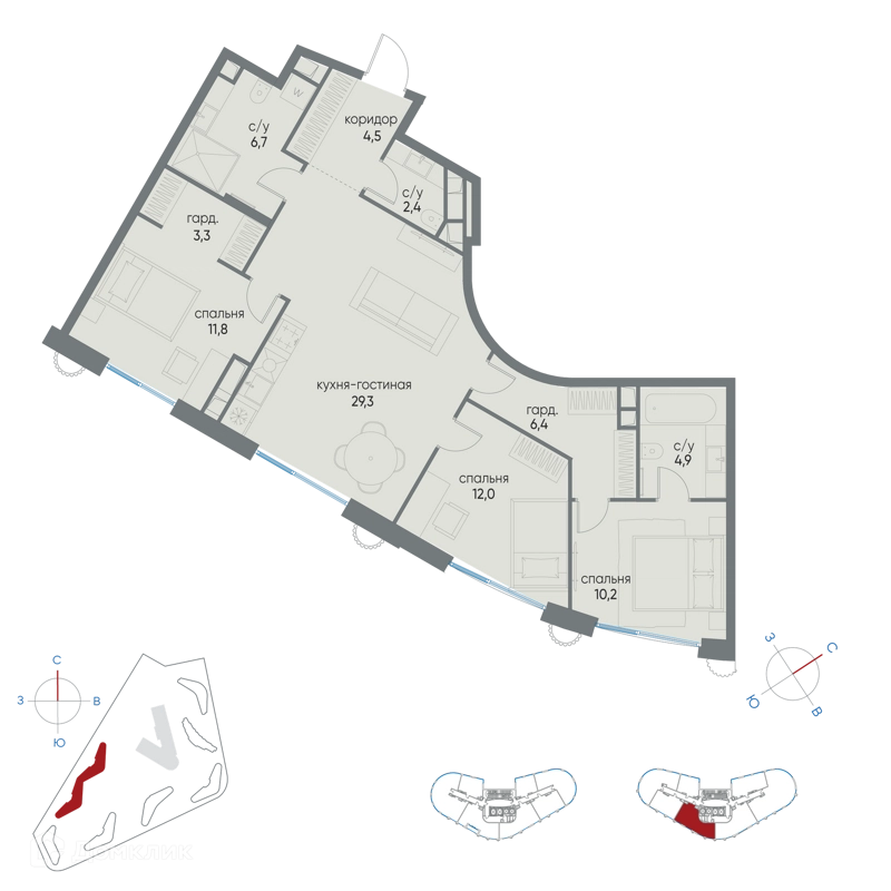 3-комнатная квартира 91.5 м² Остров