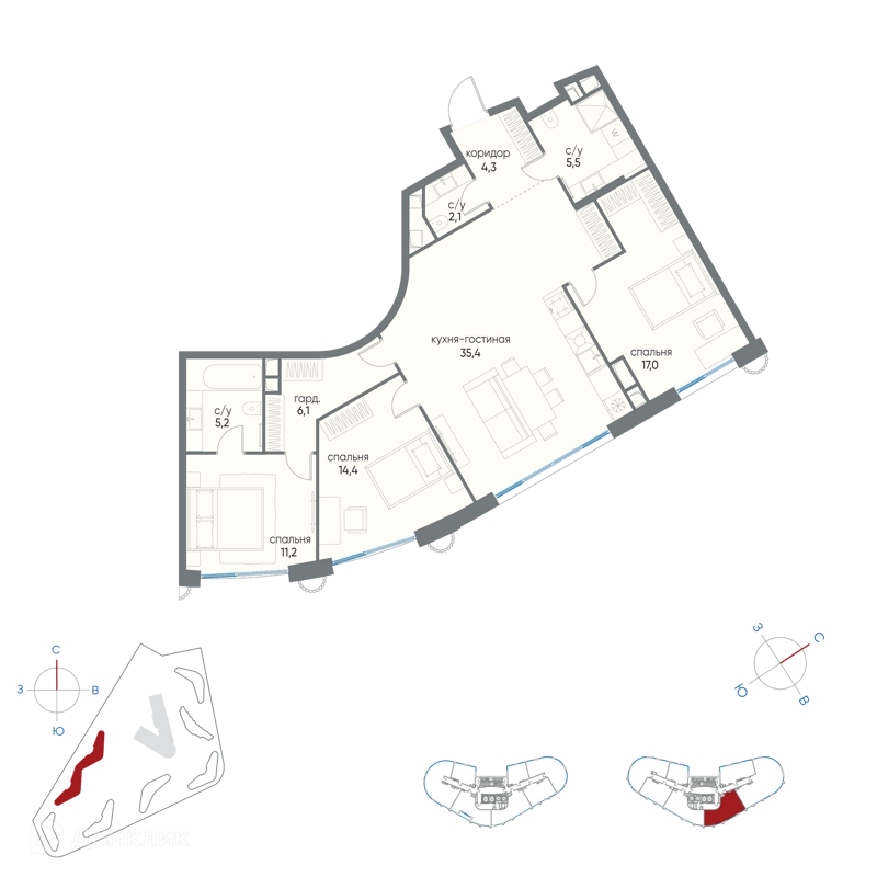 3-комнатная квартира 101.2 м² Остров