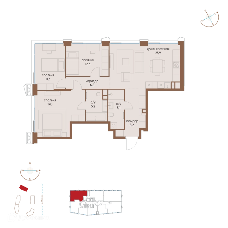 3-комнатная квартира 89.8 м² Остров