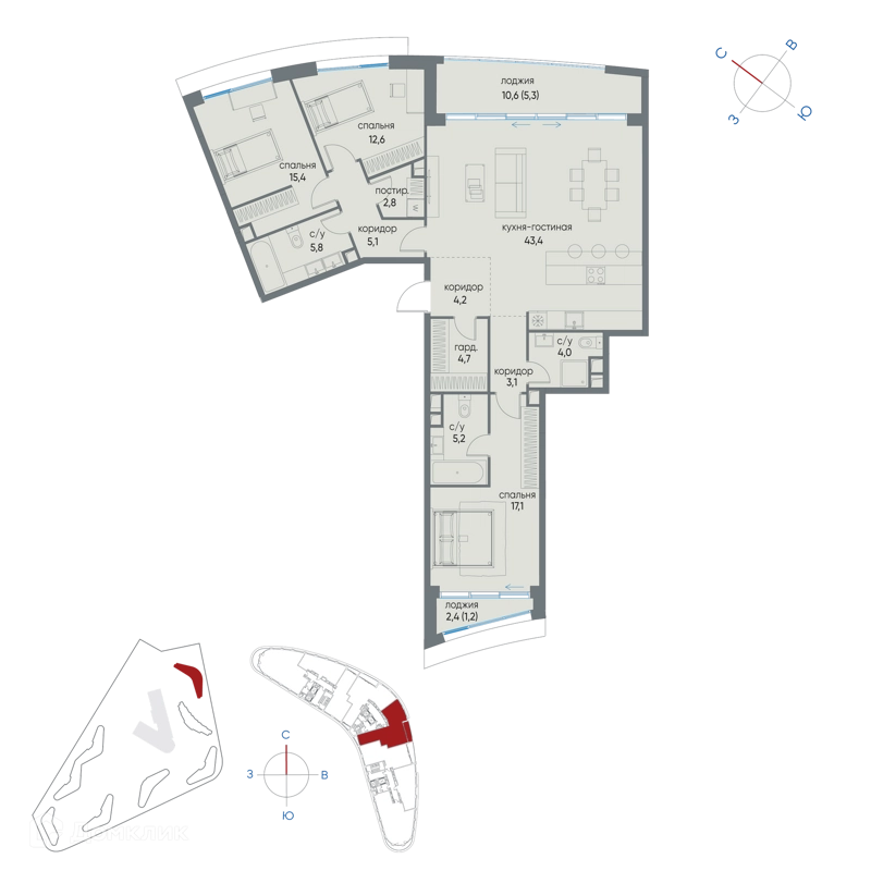 3-комнатная квартира 129.9 м² Остров