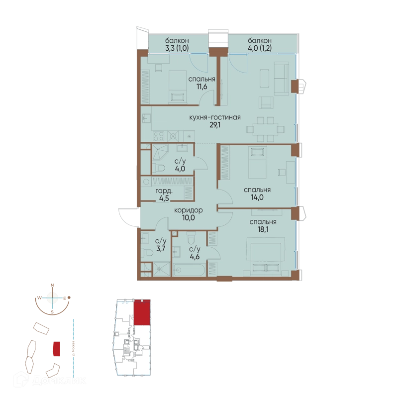 3-комнатная квартира 101.8 м² Остров